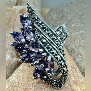 Vintage Amethyst Marcasite Sterling Silver Ring Size 8 Art Deco Statement 925 PD